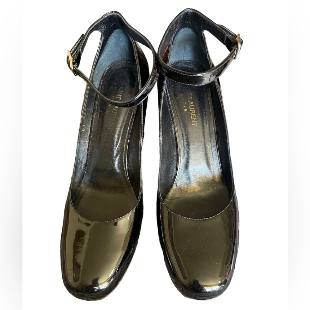 Saint Laurent black patent leather ankle block heeled shoes